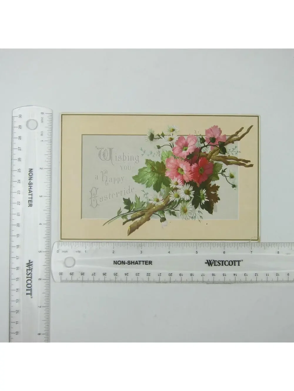 Victorian Greeting Card Easter Pink Flowers White Daisies Green Leaves Antique